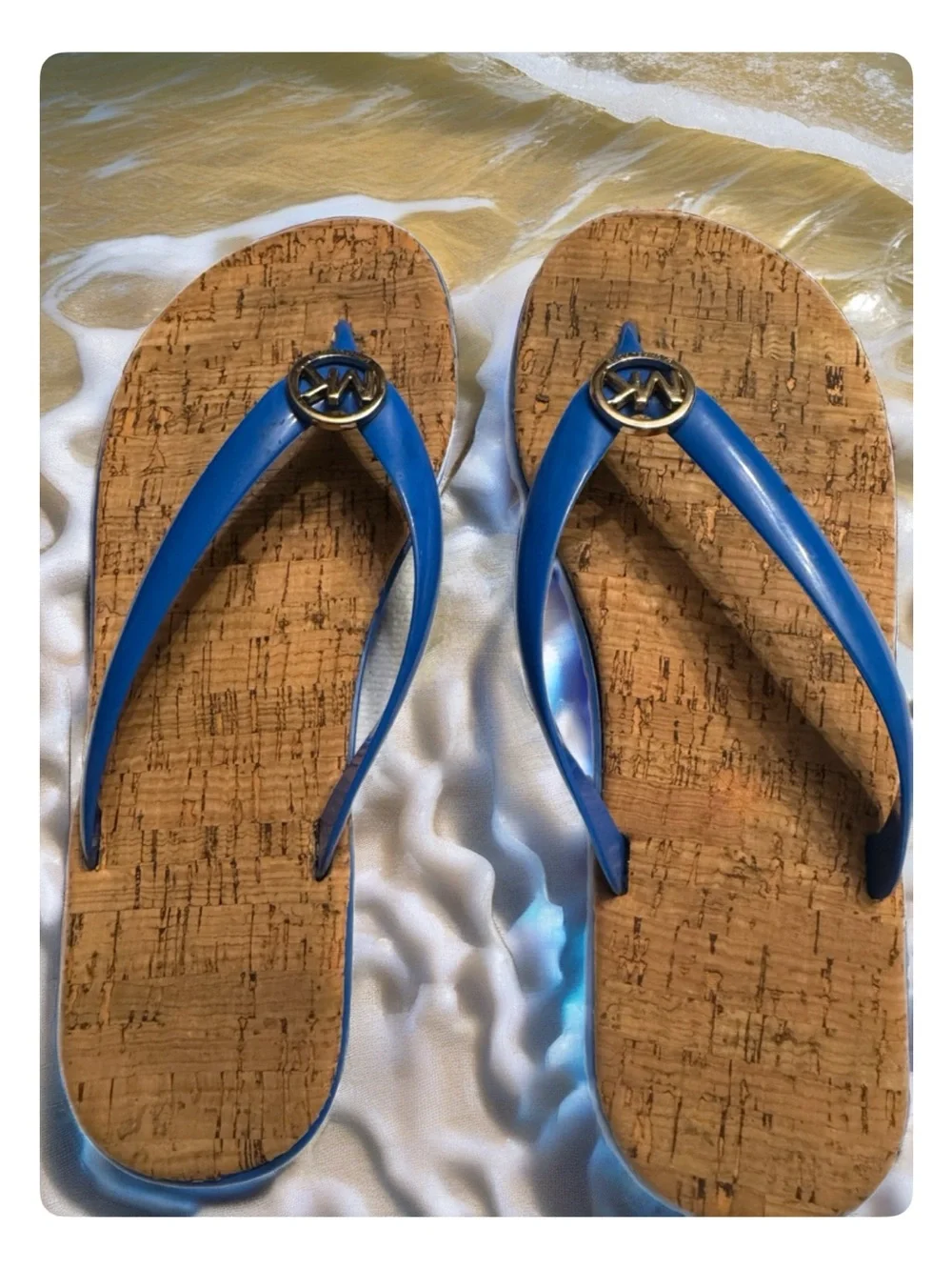 Michael Kors Blue Cork Wedge Thong Sandals with Gold MK Medallion